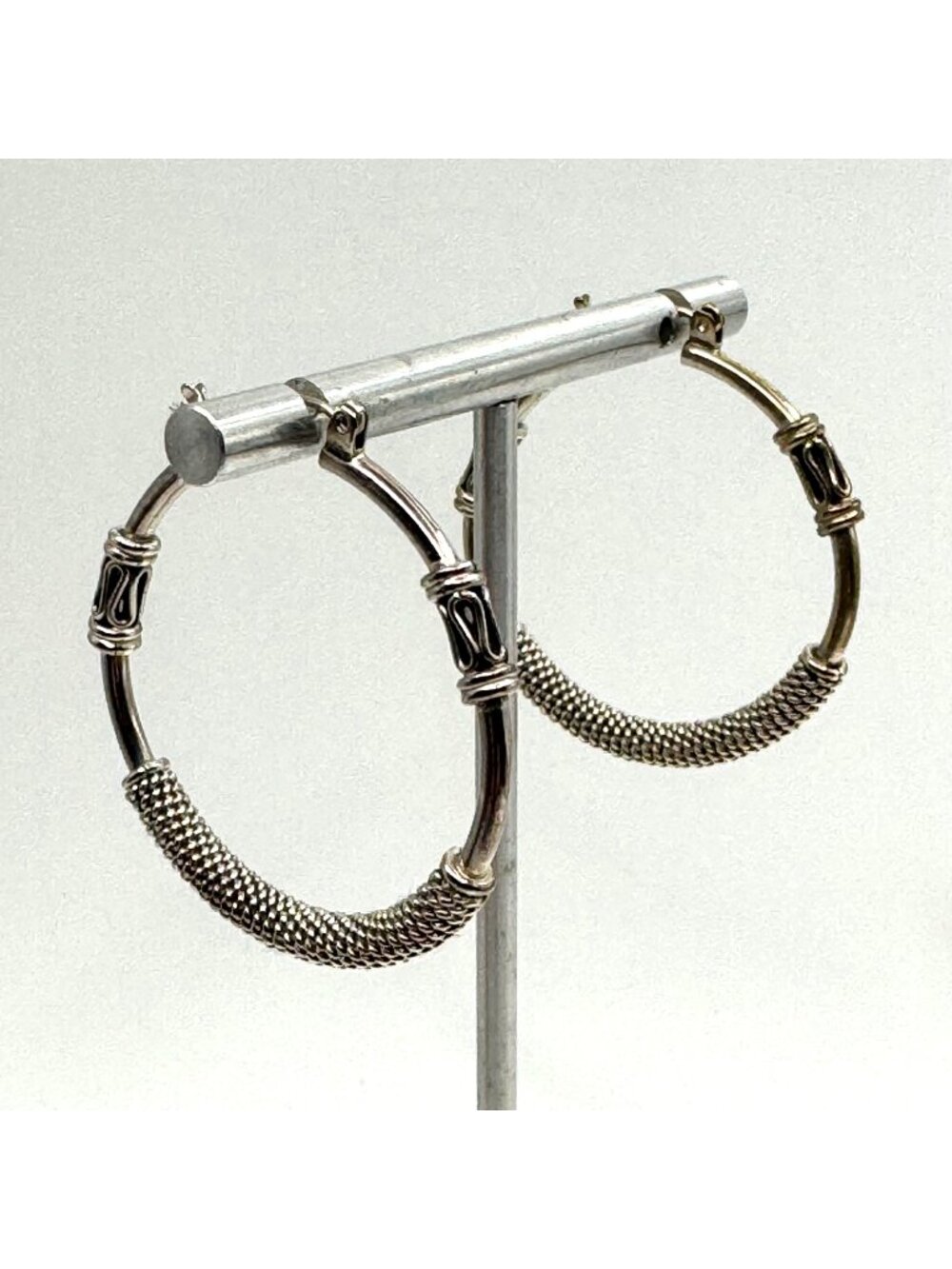 VTG Sterling Silver 925 Bali Style Hoop Earrings Hinged Posts Size 1.5" Length